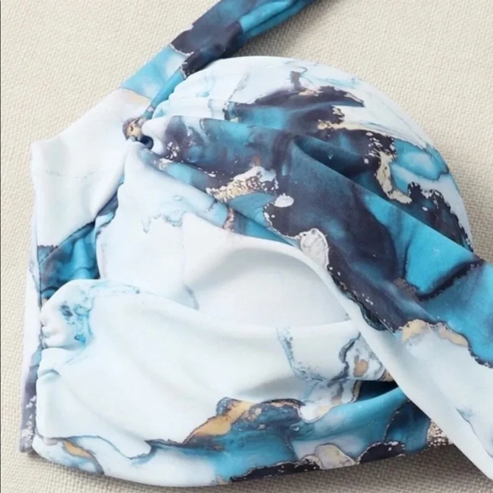 Boho Blue White Tie Dye Marble Print High Waisted Twisted Halter Bikini Set - Picture 7 of 12
